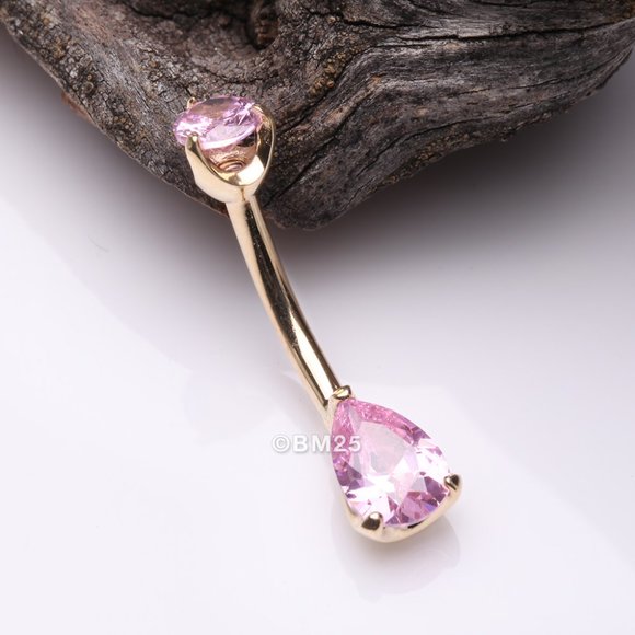 14 Karat Gold Dainty Brilliant Teardrop Sparkle Belly Button Ring - Pink Gem